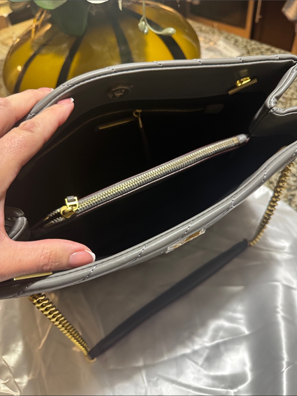 Tory Burch Quilted Shoulder Tote in Gray with Gold Hardware - Picture 2 of 4